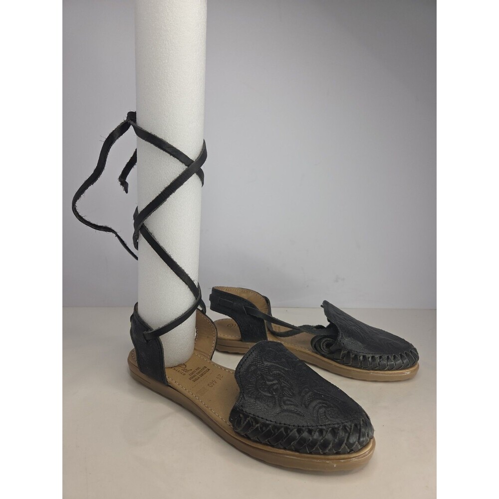 Mexican Handmade en La Piel Black Tooled Leather Sandals w/leg Straps US 7 NWOB
